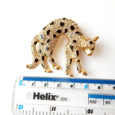 Photo of Vintage Gold Metal Rhinestone Leopard Cat Brooch Retro Vintage Pin