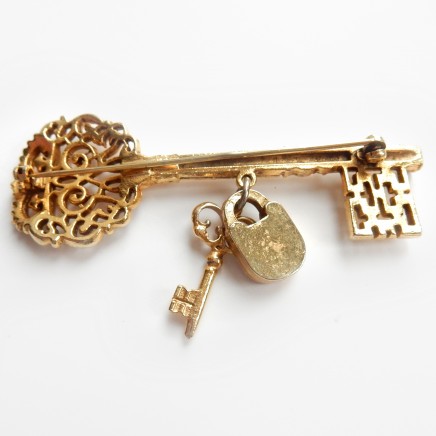 Photo of Vintage Gold Padlock Key Brooch Love Token Jewelery