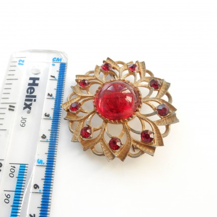Photo of Vintage Gold Red Cabochon Flower Brooch Pin
