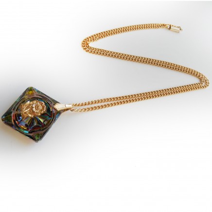 Photo of Vintage Gold Rose Aurora Borealis Glass Necklace Pendant & Chain