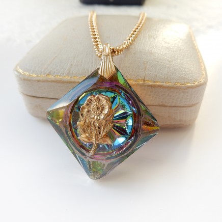 Photo of Vintage Gold Rose Aurora Borealis Glass Necklace Pendant & Chain