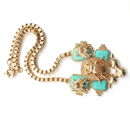 Photo of Vintage Gold Tone Turquoise Egyptian Revival Scarab Beetle Necklace Chunky Gold Box Chain