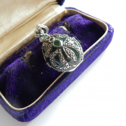 Photo of Vintage Green Guilloche Enamel Egg Locket Pendant Sterling Silver Faberge