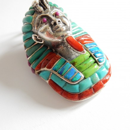 Photo of Vintage Hand Crafted Coral Fire Opal Turquoise Egyptian Pharoah Sterling Silver Pendant