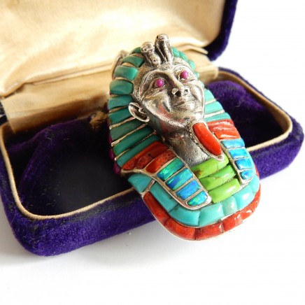 Photo of Vintage Hand Crafted Coral Fire Opal Turquoise Egyptian Pharoah Sterling Silver Pendant