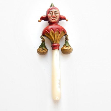 Photo of Vintage Hand Painted Brass Punch & Judy Pearl Baby Rattle