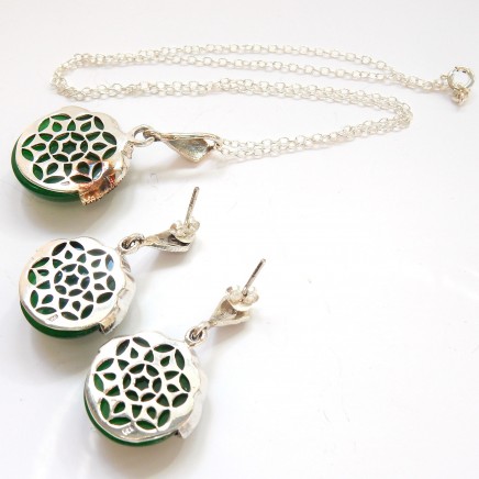 Photo of Vintage Jade Art Deco Marcasite Circle Earrings Pendant Jewelery Set Silver
