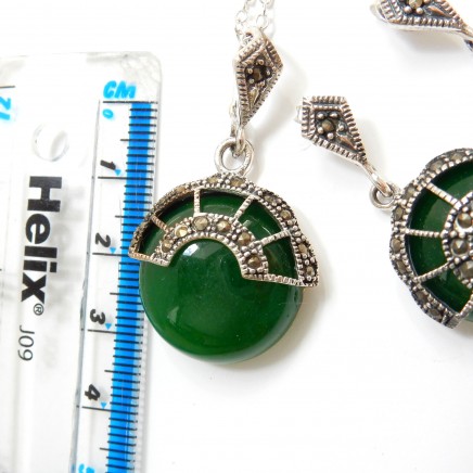 Photo of Vintage Jade Art Deco Marcasite Circle Earrings Pendant Jewelery Set Silver