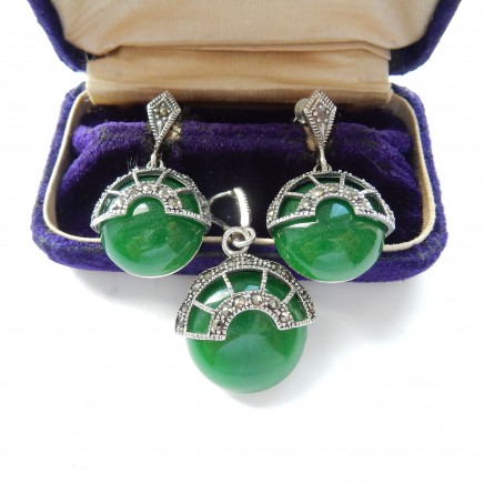 Photo of Vintage Jade Art Deco Marcasite Earrings Pendant Jewelery Set Sterling Silver