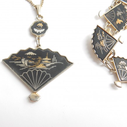 Photo of Vintage Japanese Damascene Jewelry Set Necklace Bracelet Gold Inlay K24