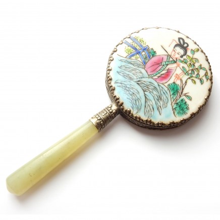 Photo of Vintage Japanese Geisha Porcelain Jade Hand Mirror Ceramic Hand Painted Mirror