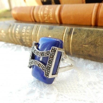 Photo of Vintage Lapis Lazuli Art Deco Marcasite Ring Sterling Silver