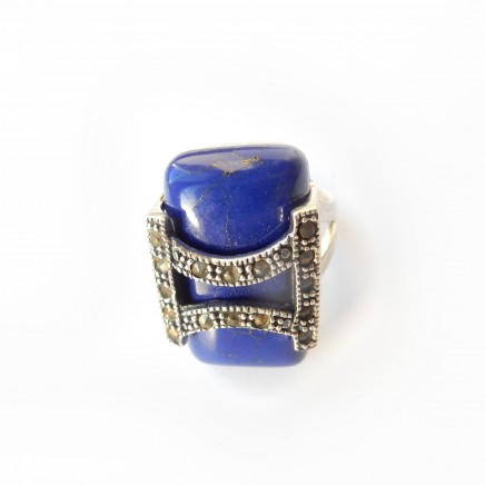 Photo of Vintage Lapis Lazuli Art Deco Marcasite Ring Sterling Silver