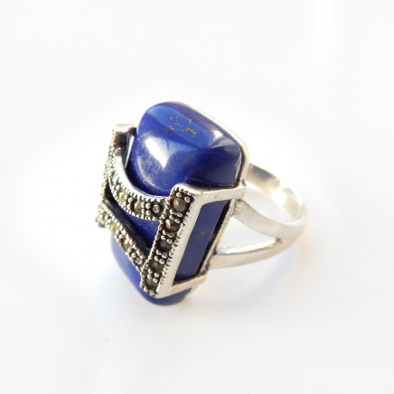 Photo of Vintage Lapis Lazuli Art Deco Marcasite Ring Sterling Silver