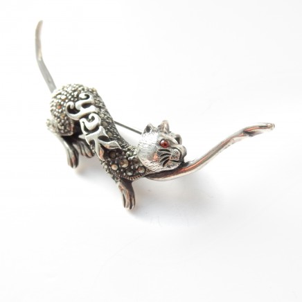 Photo of Vintage Marcasite Cat Brooch Sterling Silver Cat Jewelery
