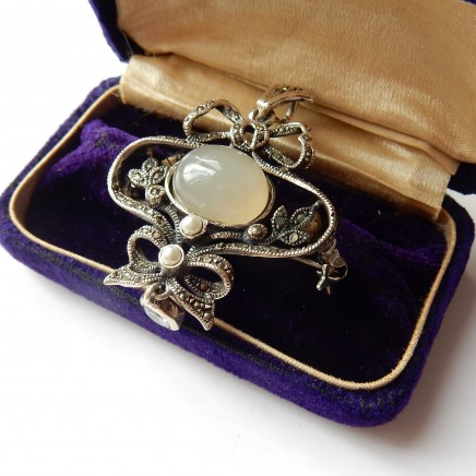 Photo of Vintage Moonstone Marcasite Pearl Pendant Solid Silver