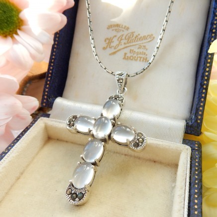 Photo of Vintage Moonstone Sterling Silver Cross Necklace