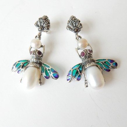 Photo of Vintage Pearl Ruby Wasp Earrings Solid Silver