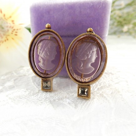 Photo of Vintage Retro Carved Purple Glass Intaglio Cameo Earrings Fine Jewelery