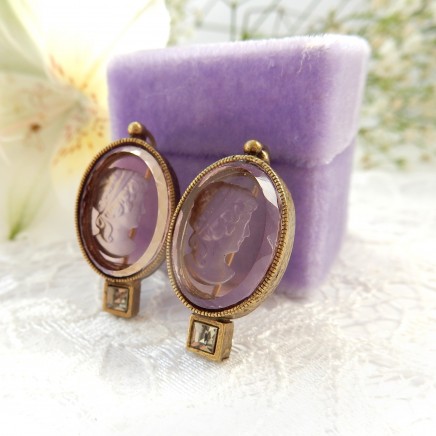 Photo of Vintage Retro Carved Purple Glass Intaglio Cameo Earrings Fine Jewelery