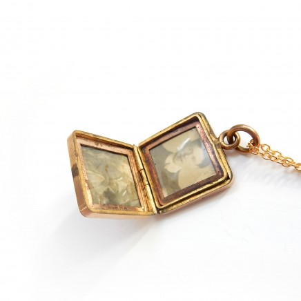Photo of Vintage Rolled Gold Diamond Paste Square Locket Necklace Gold Engraved Pendant