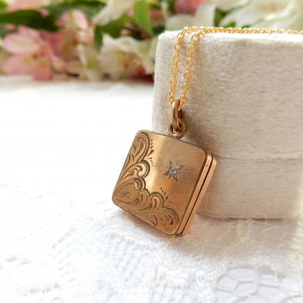 Photo of Vintage Rolled Gold Diamond Paste Square Locket Necklace Gold Engraved Pendant