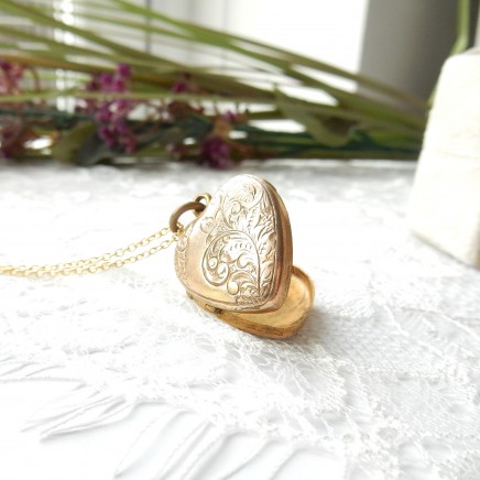 Photo of Vintage Rolled Gold Heart Locket Engraved Gold Photo Locket Necklace