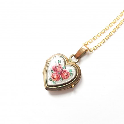 Photo of Vintage Rolled Gold Locket Enamel Rose Locket Necklace Keepsake Heart Locket