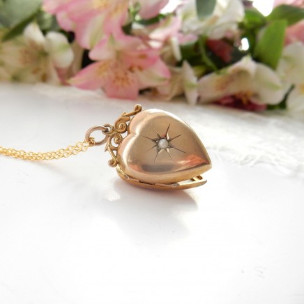 Photo of Vintage Rolled Gold Seed Pearl Heart Locket Necklace Gold Photo Pendant