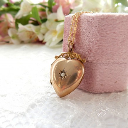 Photo of Vintage Rolled Gold Seed Pearl Heart Locket Necklace Gold Photo Pendant
