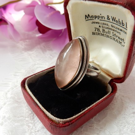 Photo of Vintage Rose Quartz Navette Ring Sterling Silver US Size 8 Pink Gemstone
