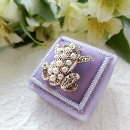 Photo of Vintage Seed Pearl Marcasite Frog Brooch Sterling Silver
