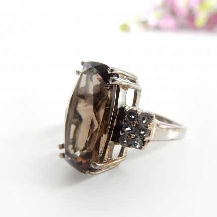 Photo of Vintage Smoky Quartz Cubic Zirconia Ring Sterling Silver US Size 6 1/2