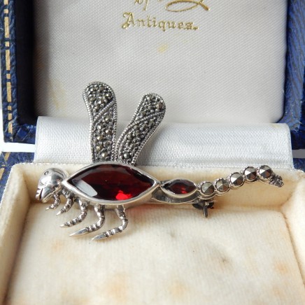 Photo of Vintage Solid Silver Red Paste Dragonfly Brooch Marcasite
