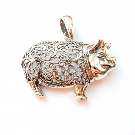 Photo of Vintage Sterling Silver Filigree Pig Piglet Pendant