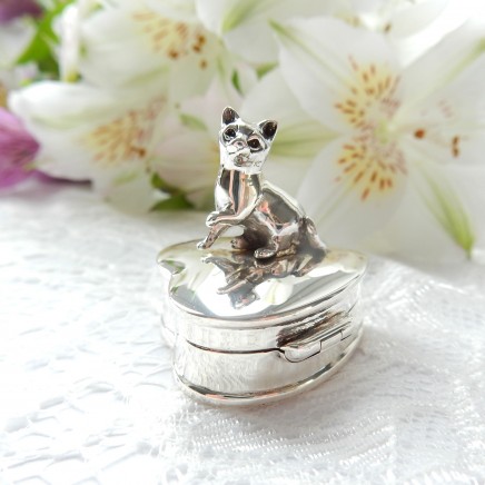Photo of Vintage Sterling Silver Heart Cat Pill Box Trinket