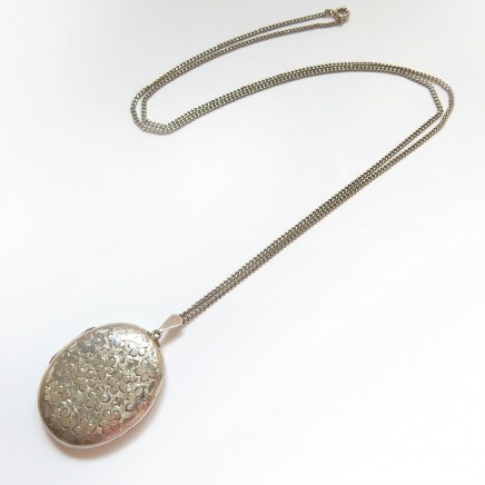 Photo of Vintage Sterling Silver Locket Necklace Hand Chased Flower Locket Birmingham