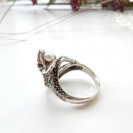 Photo of Vintage Sterling Silver Ruby Pearl Snake Ring Size 7