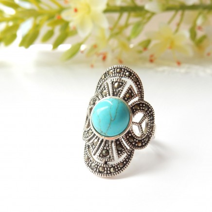Photo of Vintage Sterling Silver Turquoise Marcasite Ring Size 8 1/4 December Birthstone