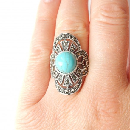 Photo of Vintage Sterling Silver Turquoise Marcasite Ring Size 8 1/4 December Birthstone