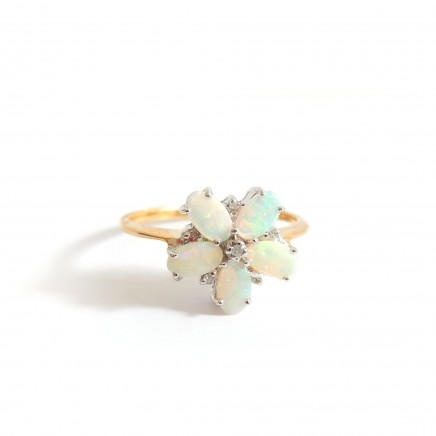 Photo of Vintage Vermeil Gold Opal Diamond Flower Ring Sterling Silver Ring Size 6 3/4