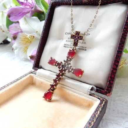 Photo of Vintage Vermeil Red Chalcedony Crucifix Cross Necklace Sterling Silver