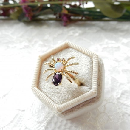 Photo of Vintage Vermeil Sterling Silver Opal Ruby Spider Ring US 7.5