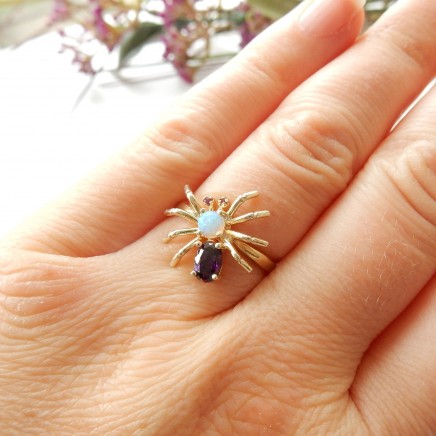 Photo of Vintage Vermeil Sterling Silver Opal Ruby Spider Ring US 7.5