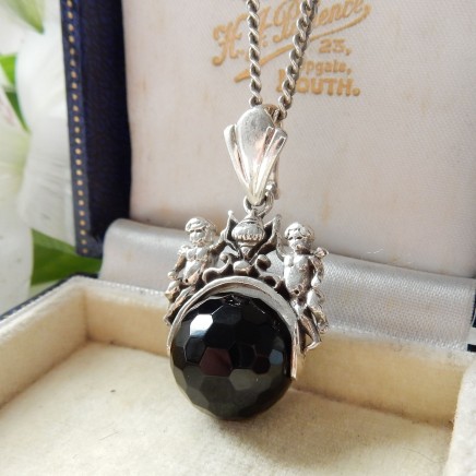 Photo of Vintage Victorian Onyx Cherub Spinning Fob Sterling Silver Pendant Necklace December Birthstone