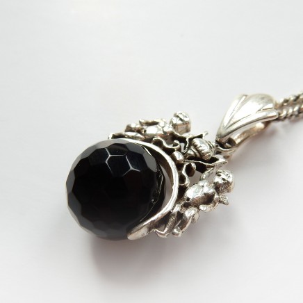Photo of Vintage Victorian Onyx Cherub Spinning Fob Sterling Silver Pendant Necklace December Birthstone