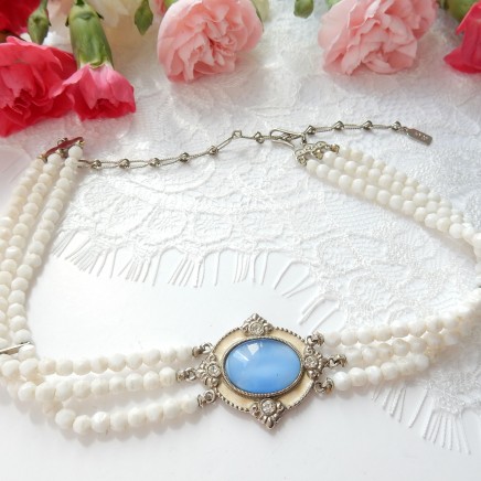 Photo of Vintage Victorian Revival Faux Pearl Choker Necklace Enamel Rhinestone Accents