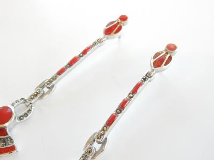 Photo of Art Deco Coral & Marcasite Droplet Earrings