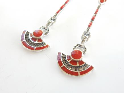 Photo of Art Deco Coral & Marcasite Droplet Earrings