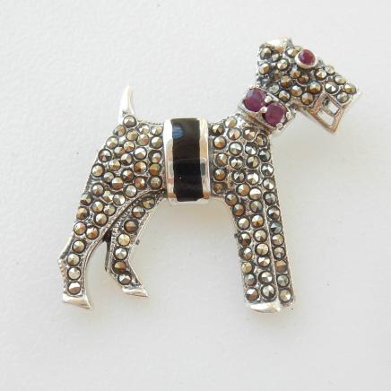 Photo of Sterling Silver Marcasite Ruby Airdale Dog Brooch